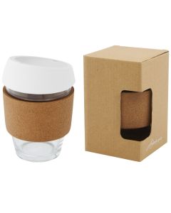 Lidan borosilicaat glazen beker van 360 ml met kurken grip en siliconen deksel