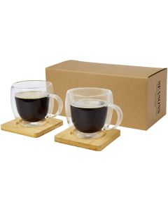 Manti 250 ml 2-delige dubbelwandige glazen kop met bamboe onderzetter